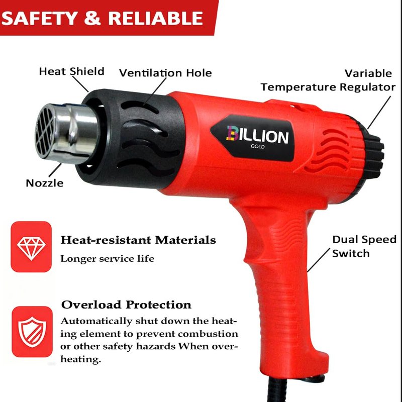 BILLION GOLD 3D Grip Heat Gun 1800W - 120℉ to 1200℉ Dual Temperature Hot Air Gun Kit with 4 Nozzles - Black Red Professional Heat Shrink Gun for Crafts, Shrink Wrap, Electronics Repair