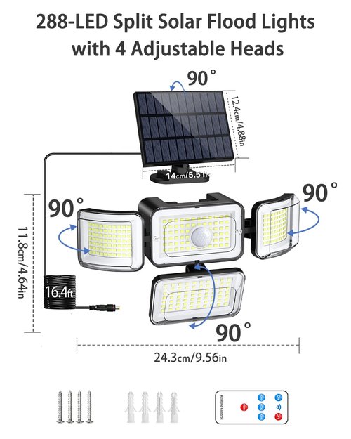 CLAONER Solar Outdoor Lights Motion Sensor 3500LM 288 LED Solar Security Lights with Remote Control IP67 Waterproof 4 Heads Solar Flood Lights with 16.4ft Cable 4 Modes Wall Lights(2 Pack)