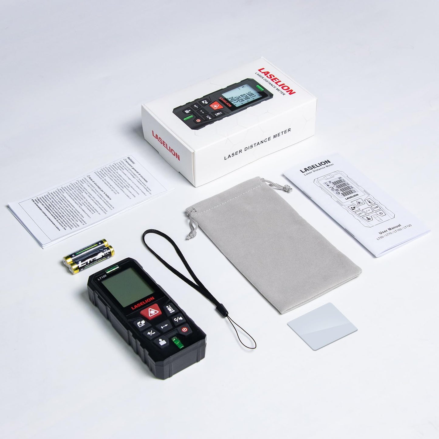LT100 Laser Measure, 328ft/100m Laser Measurement Tool, with 2 Bubble Levels, Measuring Tool 4 Units Conversion、LCD Backlit Display, IP54 Waterproof, Pythagorean Mode for Distance, Area, Volume
