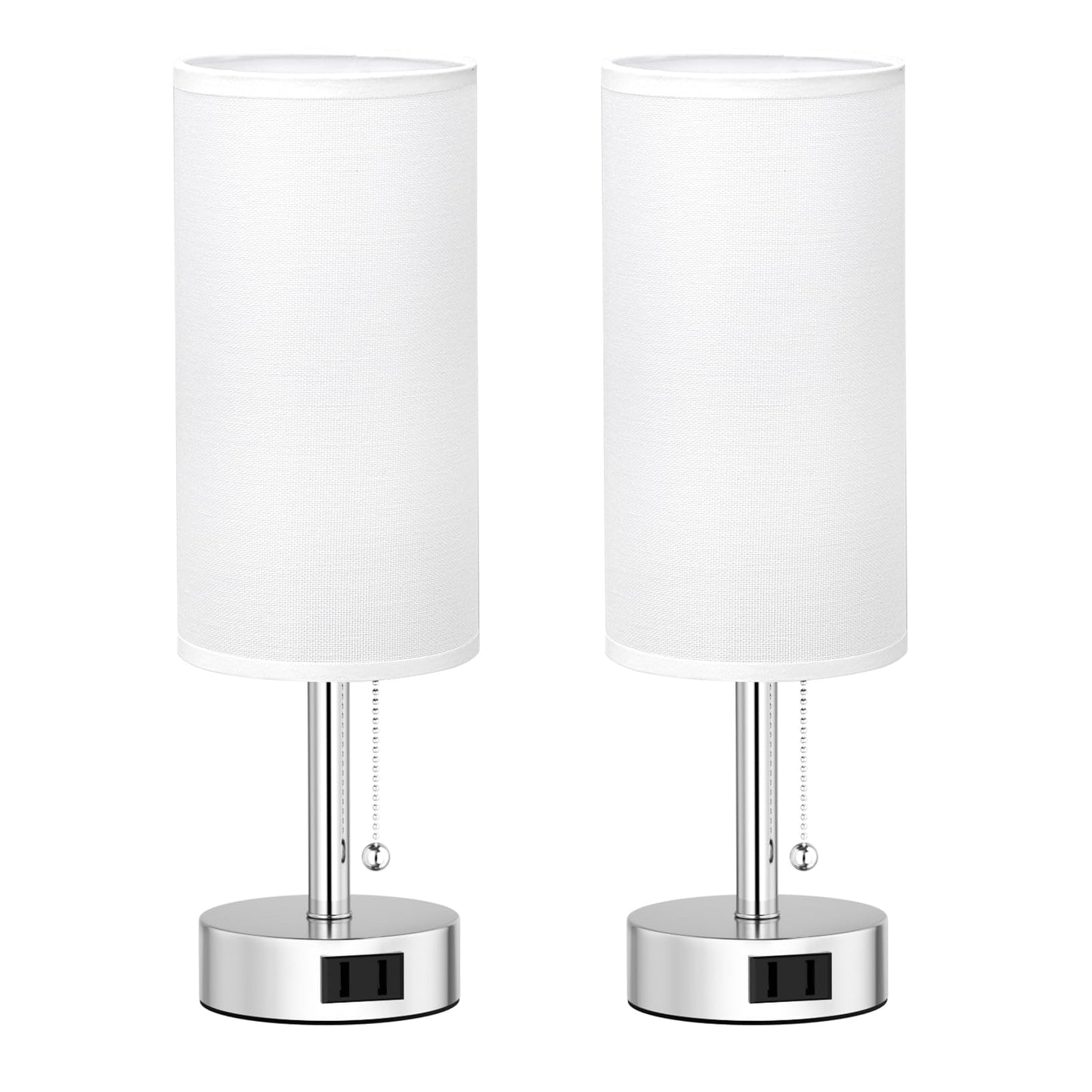 Fenmzee White Silver Bedside Table Lamps Set of 2-3 Color Temperatures Pull Chain Lamp with AC Outlet Charging Port, Two Round Night Stand Lamps for Bedroom, Small Bed Side Light with E26 LED Bulbs