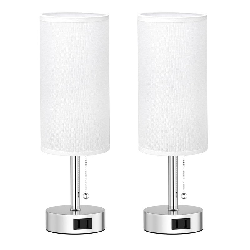 Fenmzee White Silver Bedside Table Lamps Set of 2-3 Color Temperatures Pull Chain Lamp with AC Outlet Charging Port, Two Round Night Stand Lamps for Bedroom, Small Bed Side Light with E26 LED Bulbs