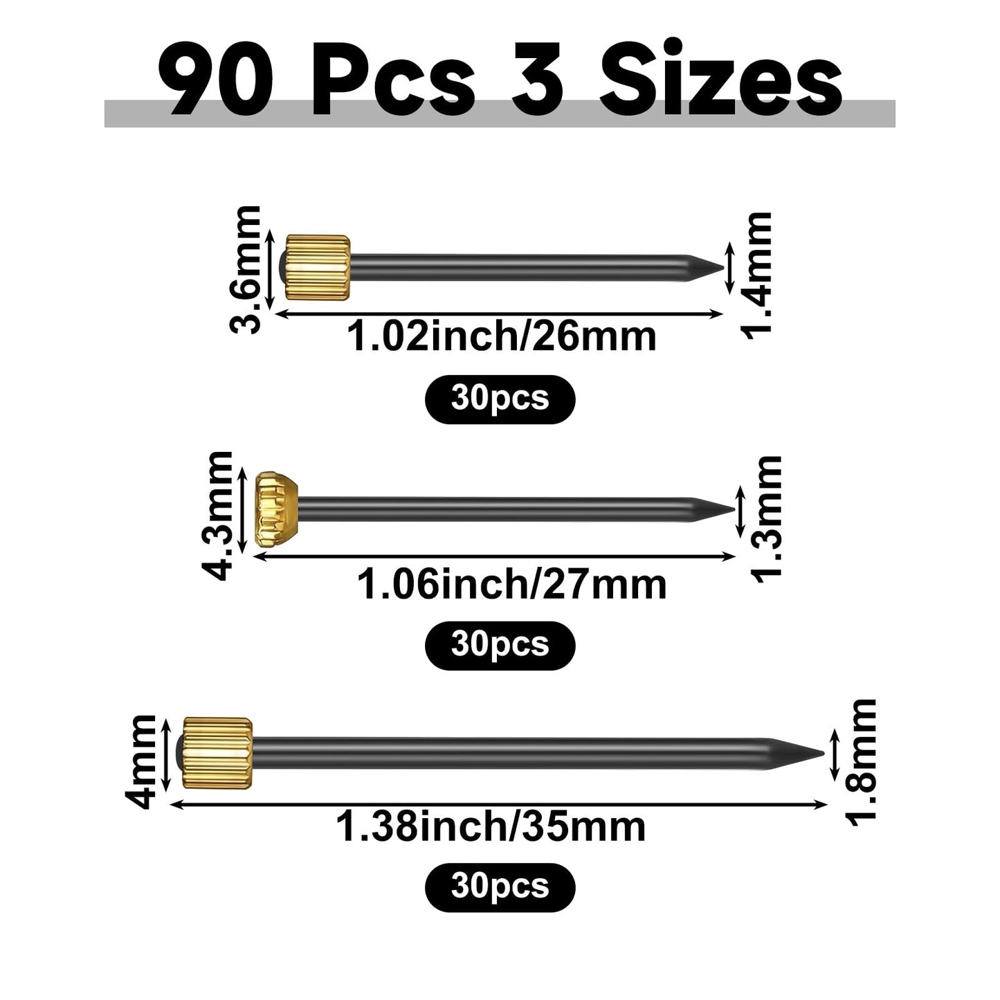 90 Pcs Nails for Hanging Pictures, 3 Different Size Small Nail for Picture Hangings Sturdy Pictures Frame Nail Picture Hanging Nails with Plastic Box (Black Gold)