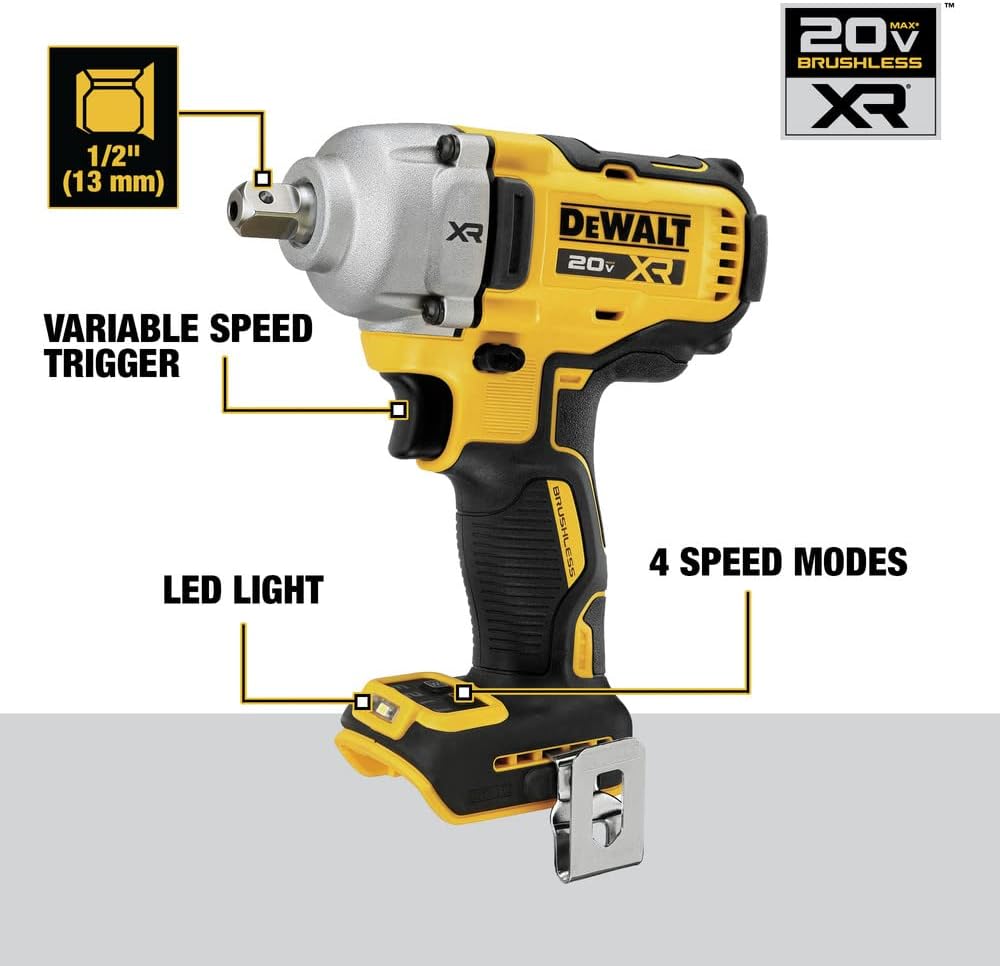 DEWALT 20V MAX XR Cordless Impact Wrench, 1/2", Includes Detent Pin Anvil and Belt Clip, Bare Tool Only (DCF892B)
