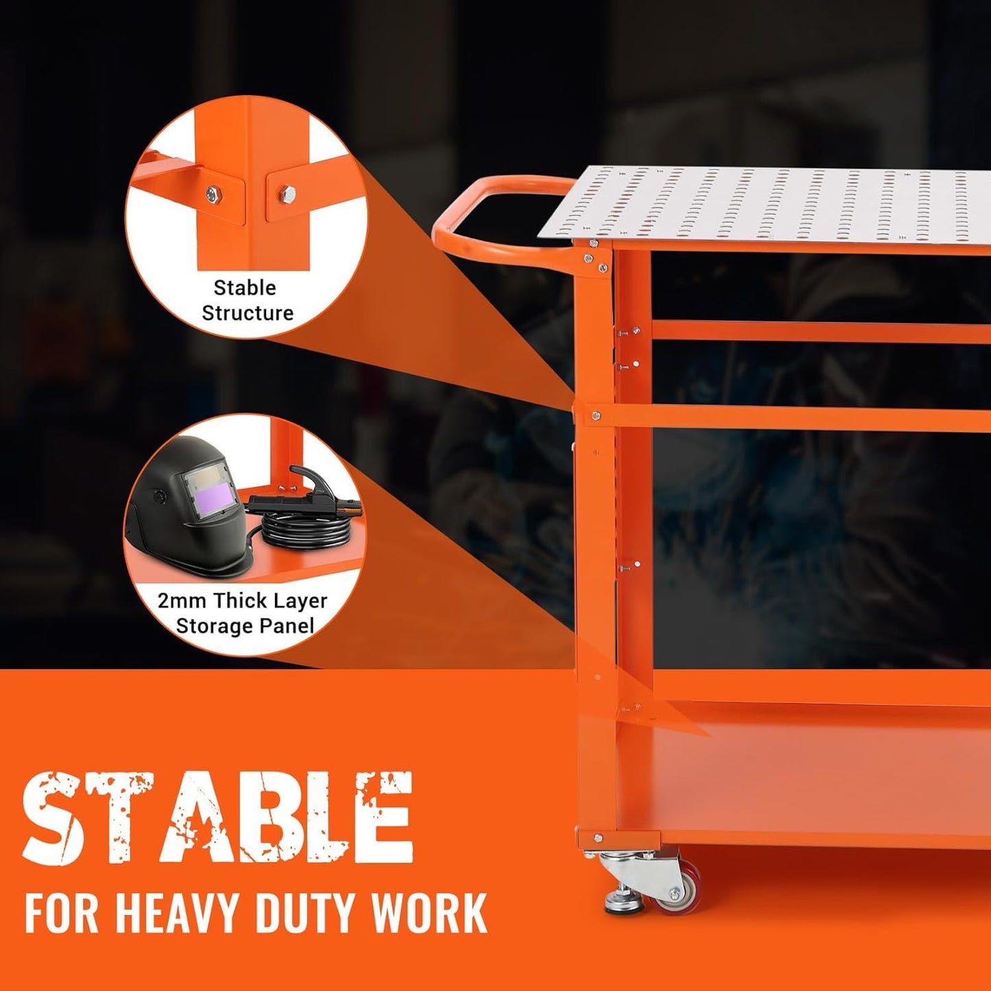 TrailBlaze 36'' x 24'' Welding Table with Wheels, 600 LBS Portable Welding Fixture Table with Handle & Storage Board, 5/8-inch Fixture Holes Tool Slots, Movable Steel Welding Workbench Table for Shop