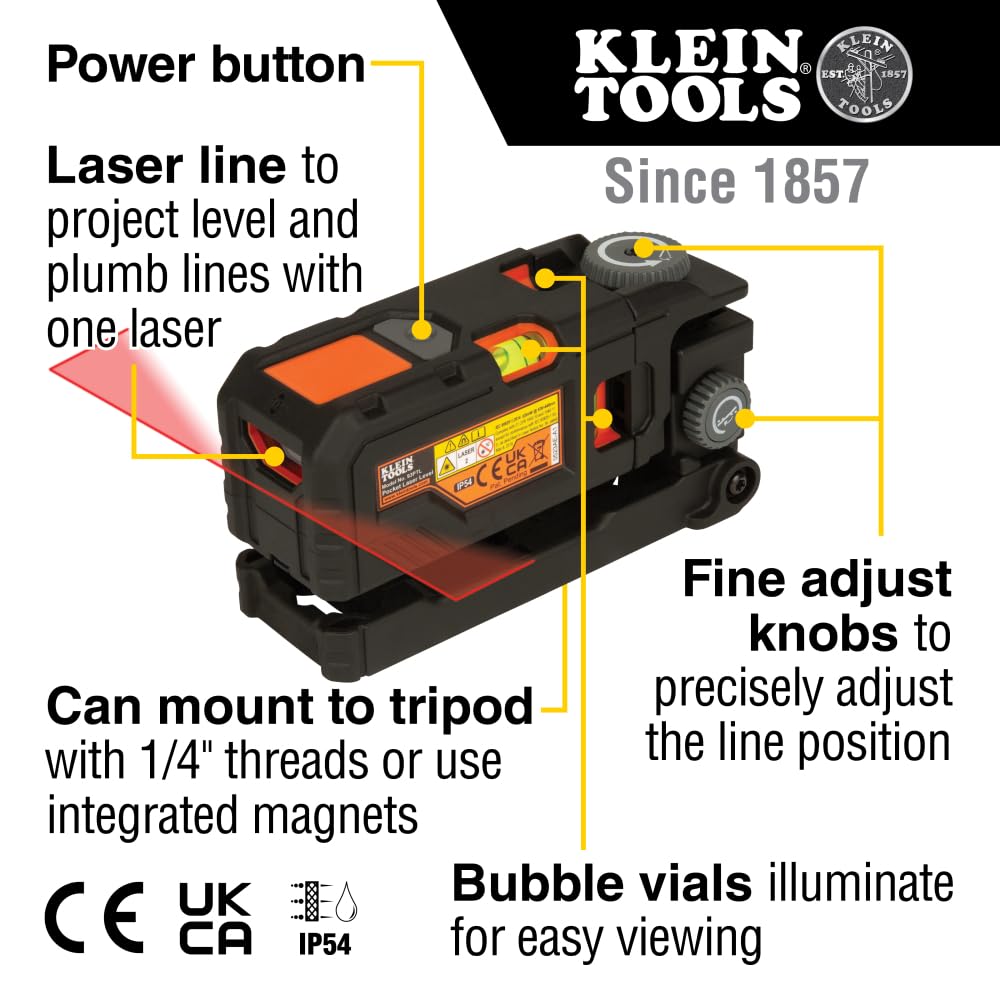 Klein Tools 93PTL Magnetic Pocket Laser Level, Bright Red Leveling and Alignment Tool, 3 Bubble Vials, 360-Degree Wall Attachment, Picture Hanging