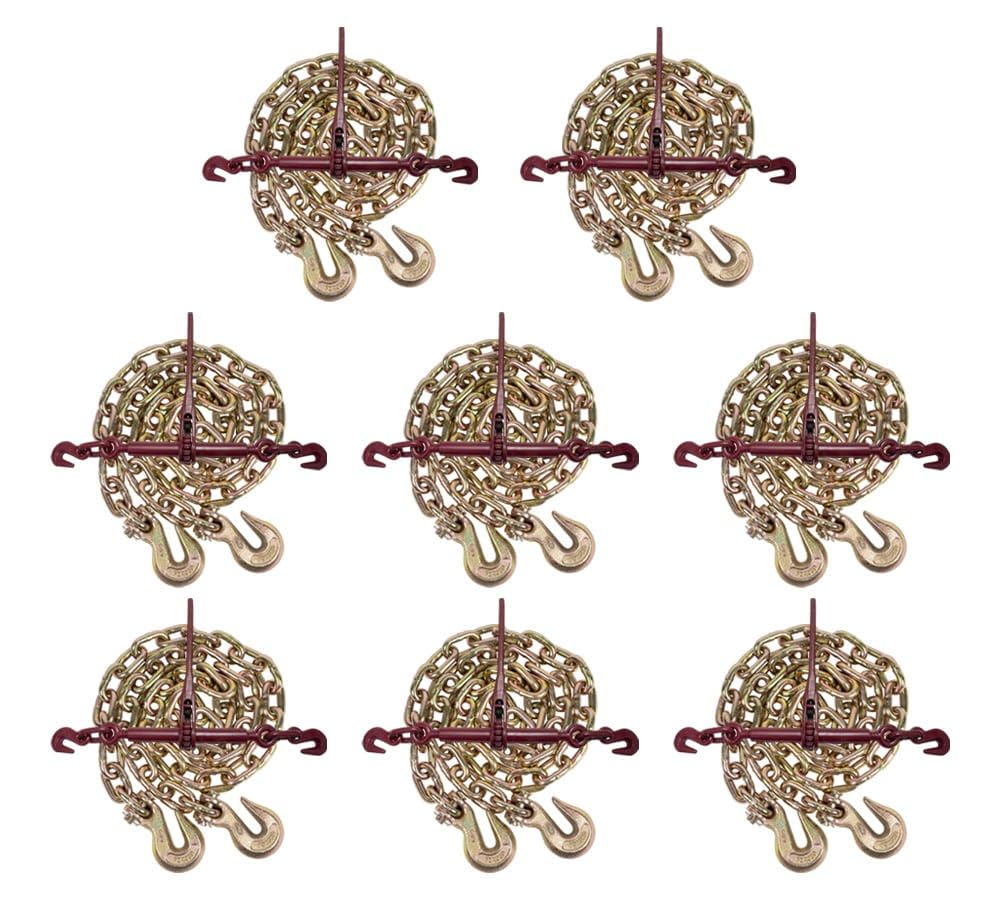 Mytee Products 3/8" Grade 70 Chain and Binder Kit | Includes (8) 3/8" - 1/2" Ratchet Load Binder & (8) 3/8" x 20' G70 Transport Chain w/Grab Hooks | 6600 lbs WLL for Flatbed Truck Trailer Tie Down