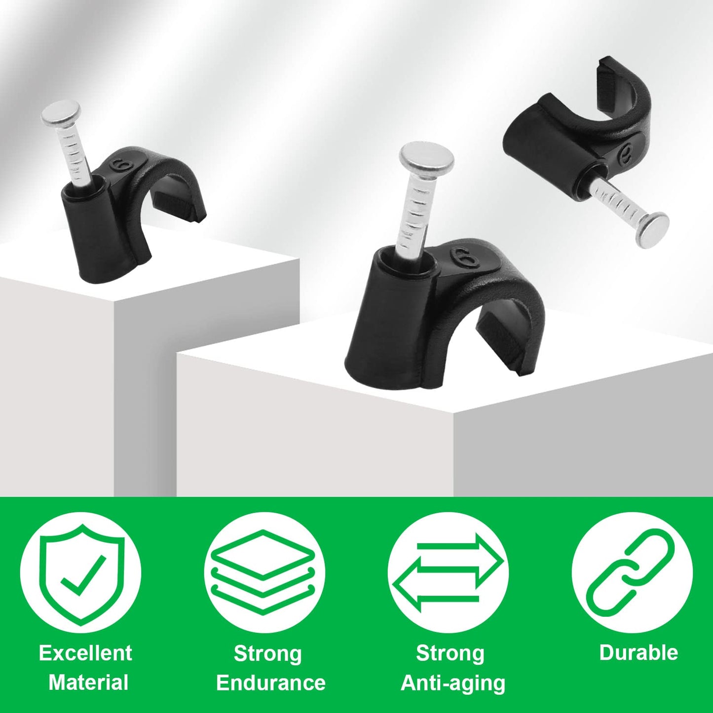 PHITUODA 100pcs 1/4" / 6mm Half Clamp J-Hook with Nail, Nail in Cable Clips Ethernet Cable Nails Tacks Clips, Black