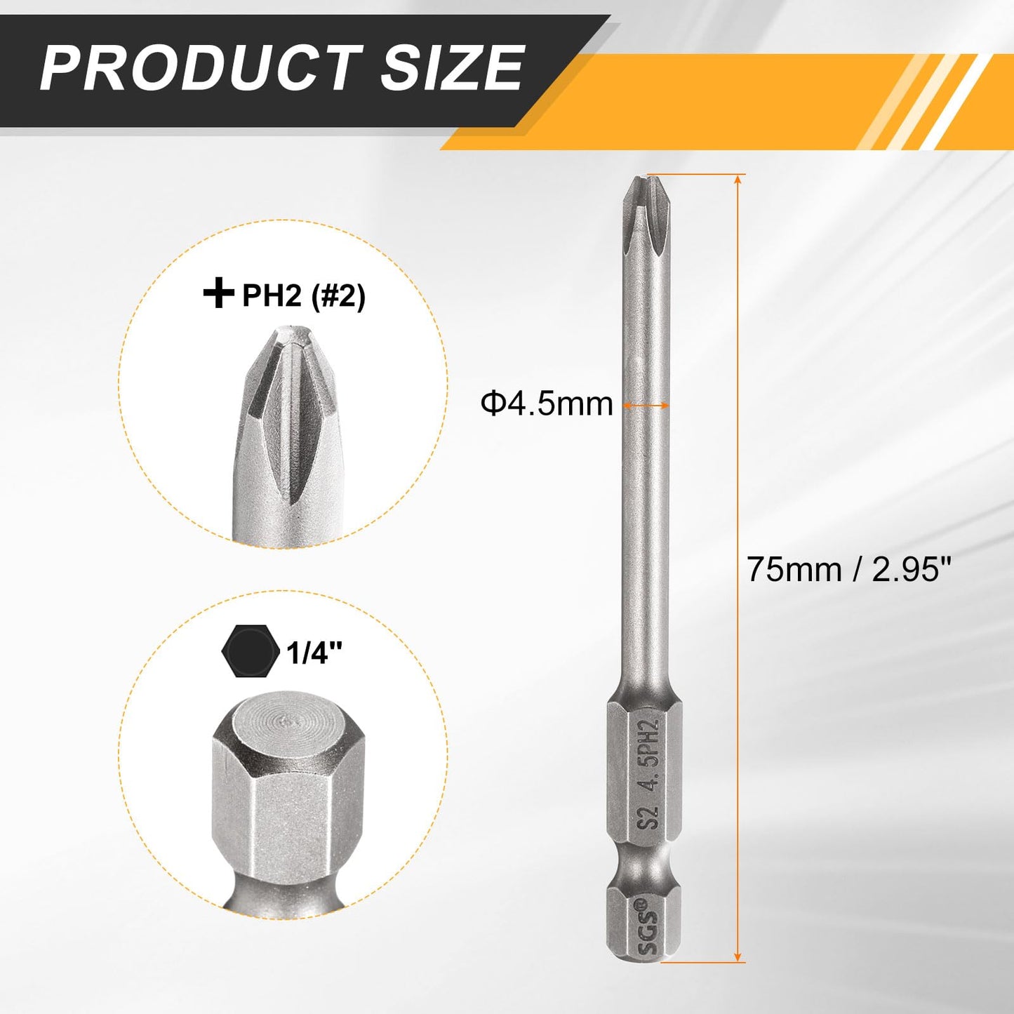 HARFINGTON 2pcs #2 Phillips Screwdriver Bit PH2 1/4" Hex Shank 3" (75mm) Long 0.18" Rod Magnetic Cross Head Drill Bits S2 Steel Industrial Screw Driver for Electric Power Tools, Gray