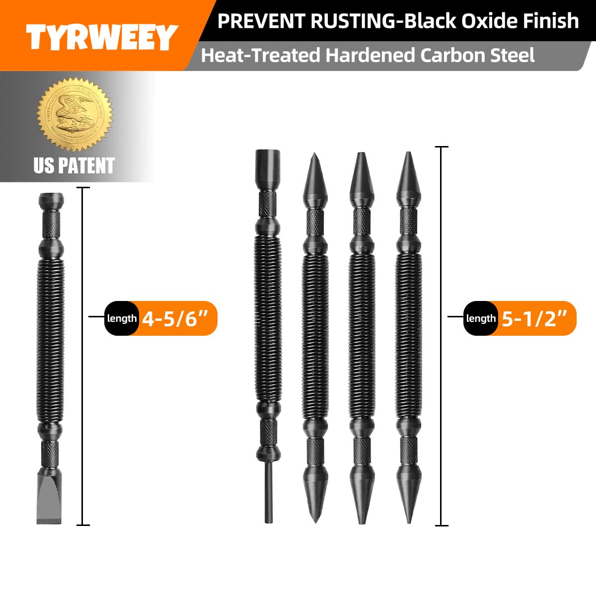 TYRWEEY 5-Piece Nail Setter Dual Head Nail Set & Dual Head Center Punch & Hinge Pin Remover Punch Set, Spring Loaded Center Hole Punch, Nail Setter Features 1/8-in, 3/32-in, 3/16-in, 1/16-in, 1/32-in
