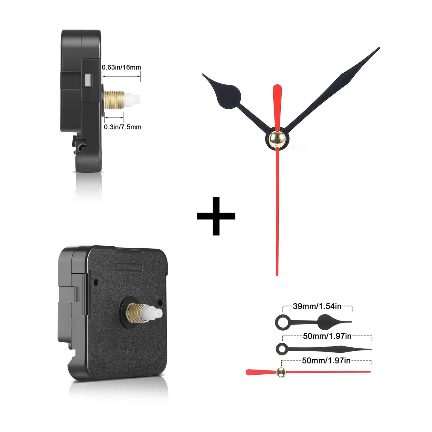 Quartz Clock Movement Mechanism Battery Operated,16mm(41/64 inch) Short Shaft Length with 50mm(1 31/32 inch) Spade Hands,DIY Clock Repair Parts Replacement Kit