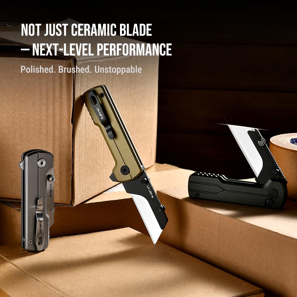 OKNIFE U1 Ultra Pocket Folding Utility Knife with Ceramic Blade, Lightweight O-Aluminum Handle Box Cutter with Clip, Button Lock Pocket Knife for Men Women (Olive Green)