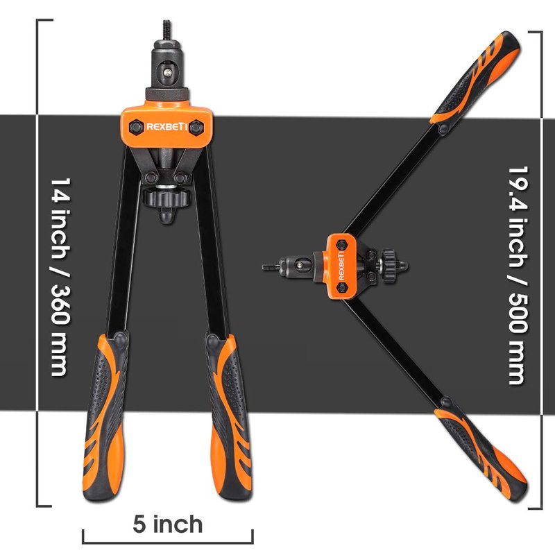 REXBETI 14" Rivet Nut Tool, Professional Rivet Setter Kit with 7 Metric & Sae Mandrels and 60pcs Rivnuts, Labor-Saving Design, Extra 1/4-20 mandrel with Rugged Carrying Case
