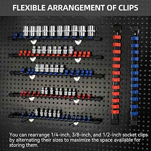 Socket Organizer Drive ABS Tools-Socket Holder, Premium Quality 9 Pieces Holders Kit 1/4-Inch x 48 Clips, 3/8-Inch x 45 Clips, 1/2-Inch x 36 Clips