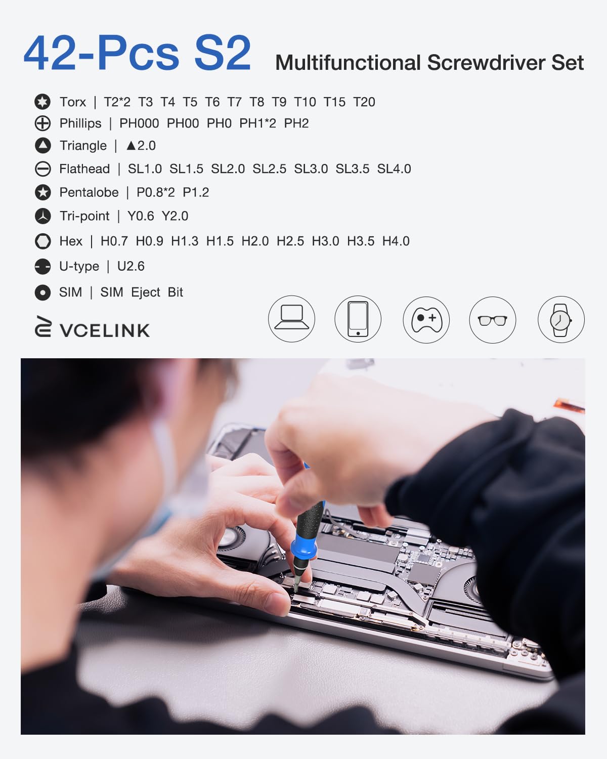 Mini Screwdriver Set with 42 Bits, VCELINK 45 in 1 Small Precision Magnetic Tiny Screwdriver Bit Kit with Tweezers & Extension Shaft for Laptop, PC, Phone, Computer, Game Console