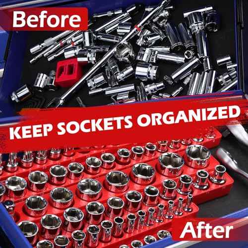 2-Piece 1/2"-Drive Metric Magnetic Socket Organizer Set (Holds 19 Sockets) - Detachable Tool Tray with 5mm Magnetic Base, Screw-Fixed Design & Heavy-Duty Modular Storage for Garage/Home Workshop