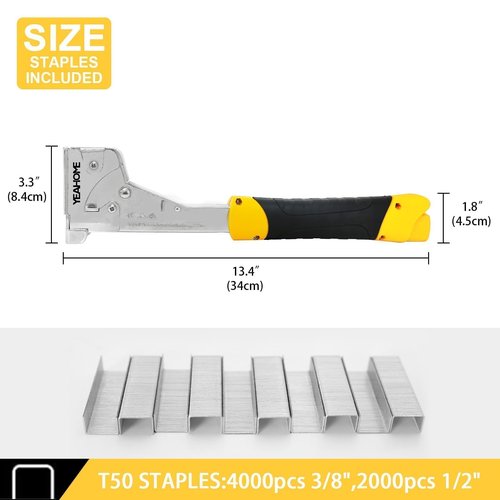 YEAHOME Heavy Duty Hammer Tacker with 6000 T50 Staples of 1/2, 3/8 inches, Steel Construction Manual Hammer Stapler with Anti-jam Magazine for Construction, Roofing, House Wrap, Insulation,Floor