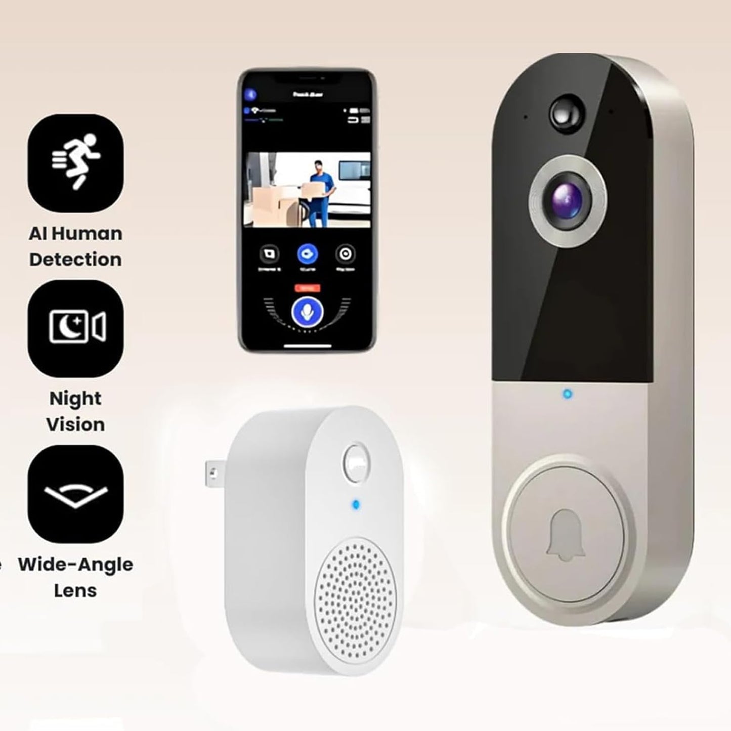 Safedoorbell, Safe Doorbell Camera Wireless, Safe Door Bell with Camera, Safe Doorbell with No Monthly Fee, Smarter Way to Protect Your Home, Wireless Wi-Fi Video Doorbell (T50 Beige)