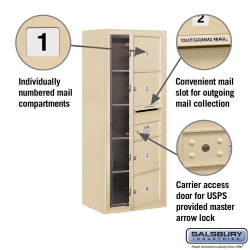 Salsbury Industries 3810S-04SFU 4C Surface Mounted Horizontal Mailbox, Front Loading, Single Column, 4 MB2 Doors, Usps Access, Sandstone
