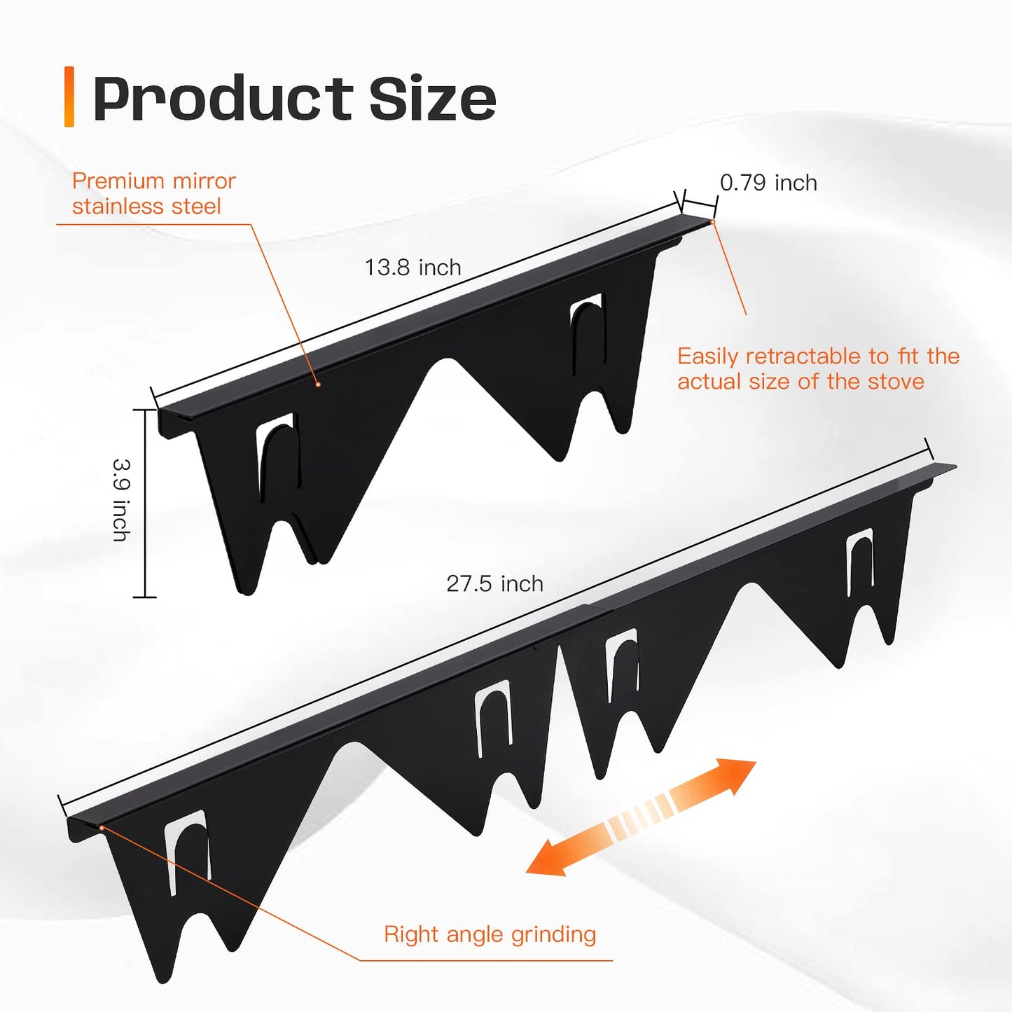 Stainless Steel Stove Gap Covers,Stove Gap Filler, Range Trim Kit, Stove Gap Guards, Heat Resistant and Easy to Clean, Easy retractable Length 13.8" to 27.5", Width 0.79",Black(2PCS)