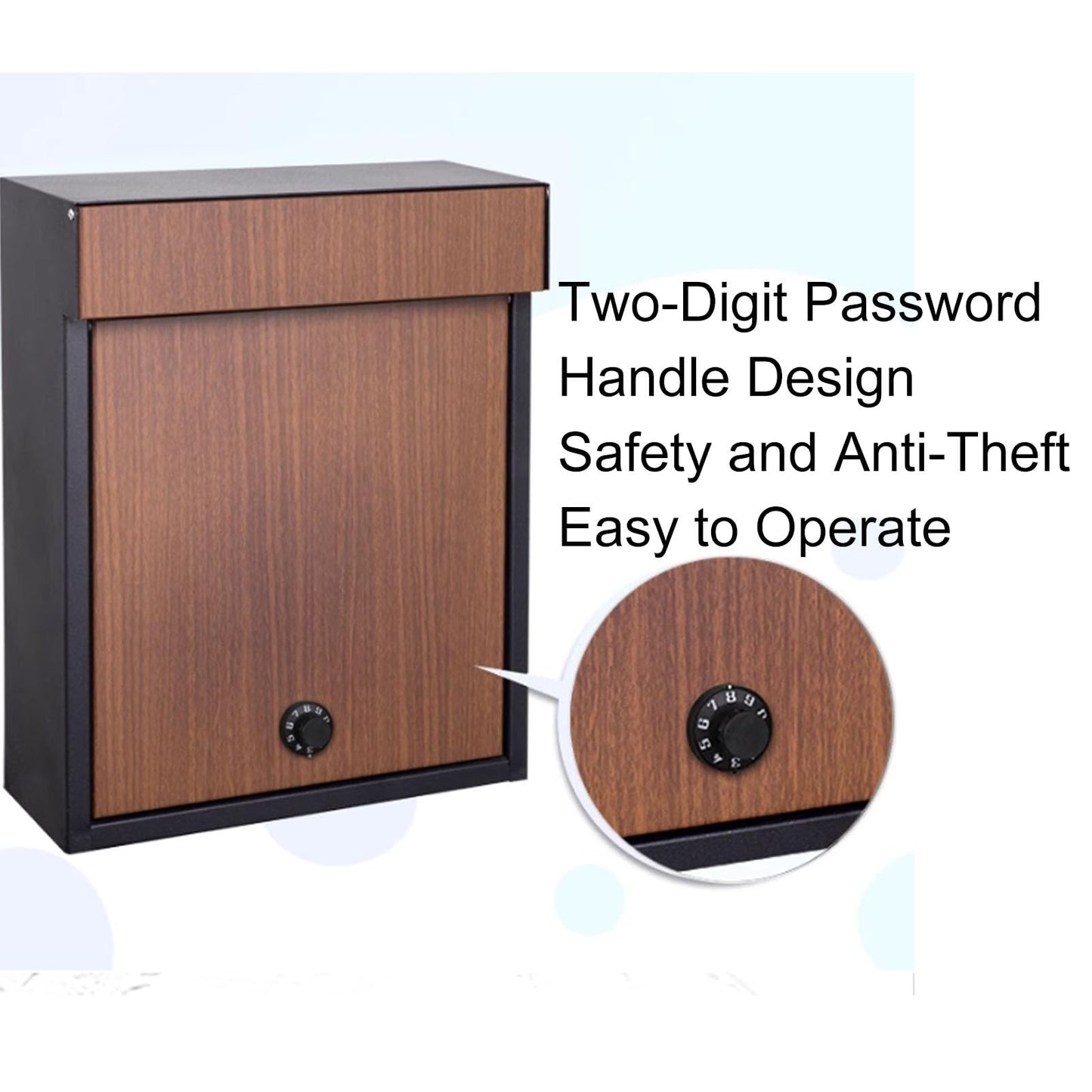 WAMJ AQDY Locking Mailbox Wall Mount, Outdoor Mailbox, with Combination Lock, Large Metal with Wood Grain Door, 12 × 5 × 15 in(Brown)