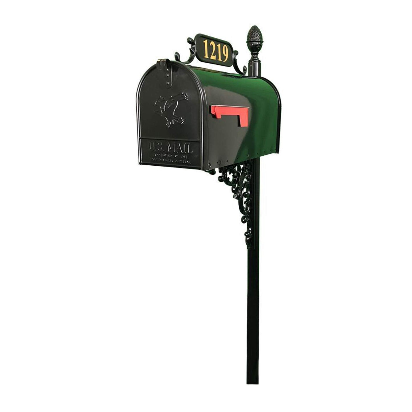 ADDRESSES OF DISTINCTION Oak Mailbox & Post Kit – Black Mailbox System – Includes Address Plaque, Bracket & Mounting Hardware – Rust Resistant Metal Mailbox with Decorative Finial