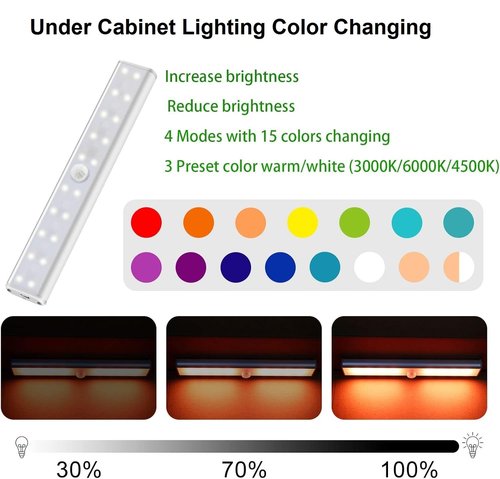 15-Color RGB Under Cabinet Lighting, Wireless Rechargeable Closet Lights, 48-LED Super Bright Night Light with Remote,10-Level Dimming & 3 Timer, Under Counter Lights for Kitchen,Stairs (2 Pack)