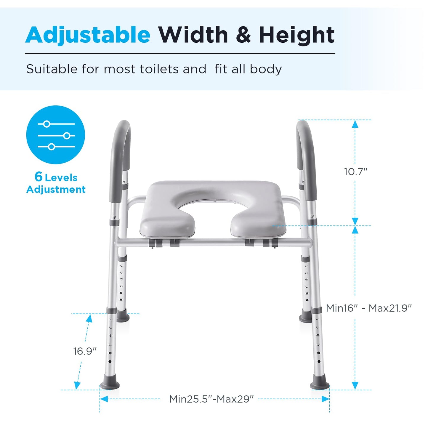 Toilet Seat Risers for Seniors, FSA HSA Eligible Adjustable Raised Toilet Seat with Handles, Toilet Risers, Cozy Padded Elevated Toilet Seat for Elderly, Pregnant, Handicap, Fits Any Toilet, 350lbs