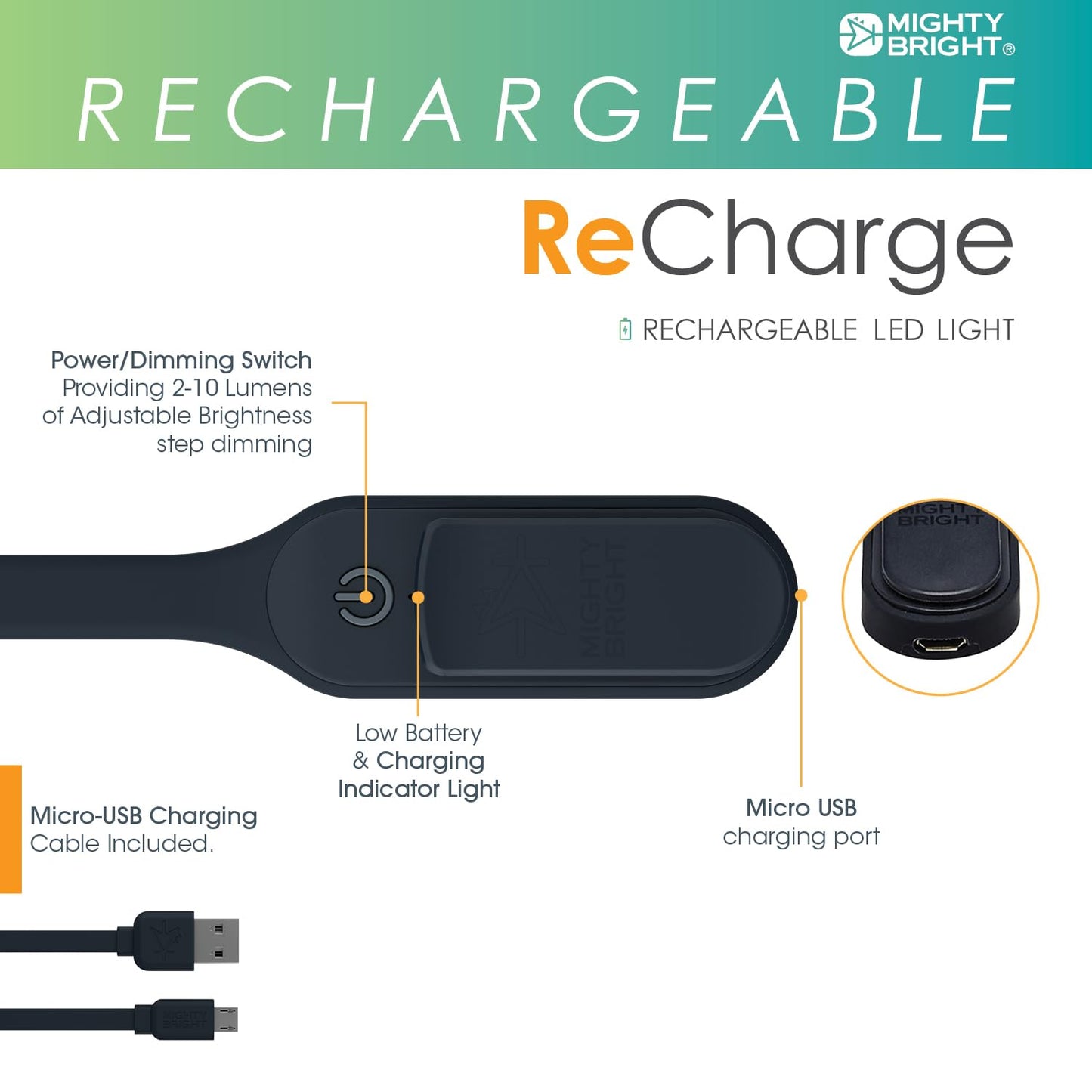 The Original Mighty Bright Recharge Clip On Rechargeable Book Light Reading Light, Warm Eye Care LEDs, Flexible, Durable, Dimmable, Perfect for Kids, Bookworms, Reading in Bed, Lasts 60 Hours (Black)