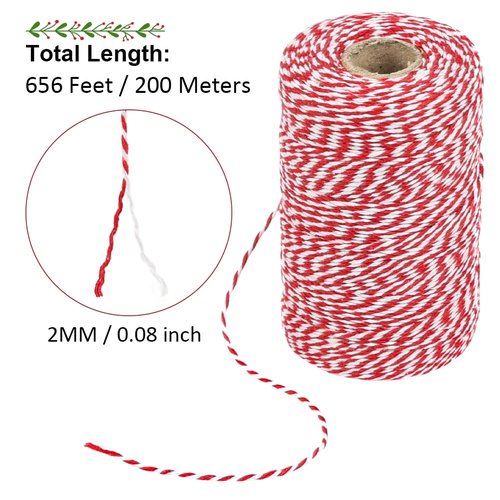 Tenn Well Red and White Twine, 656 Feet 200m Cotton Bakers Twine Ribbon for Baking, Butchers, Crafts, Gift Wrapping, Christmas Holiday Decorations