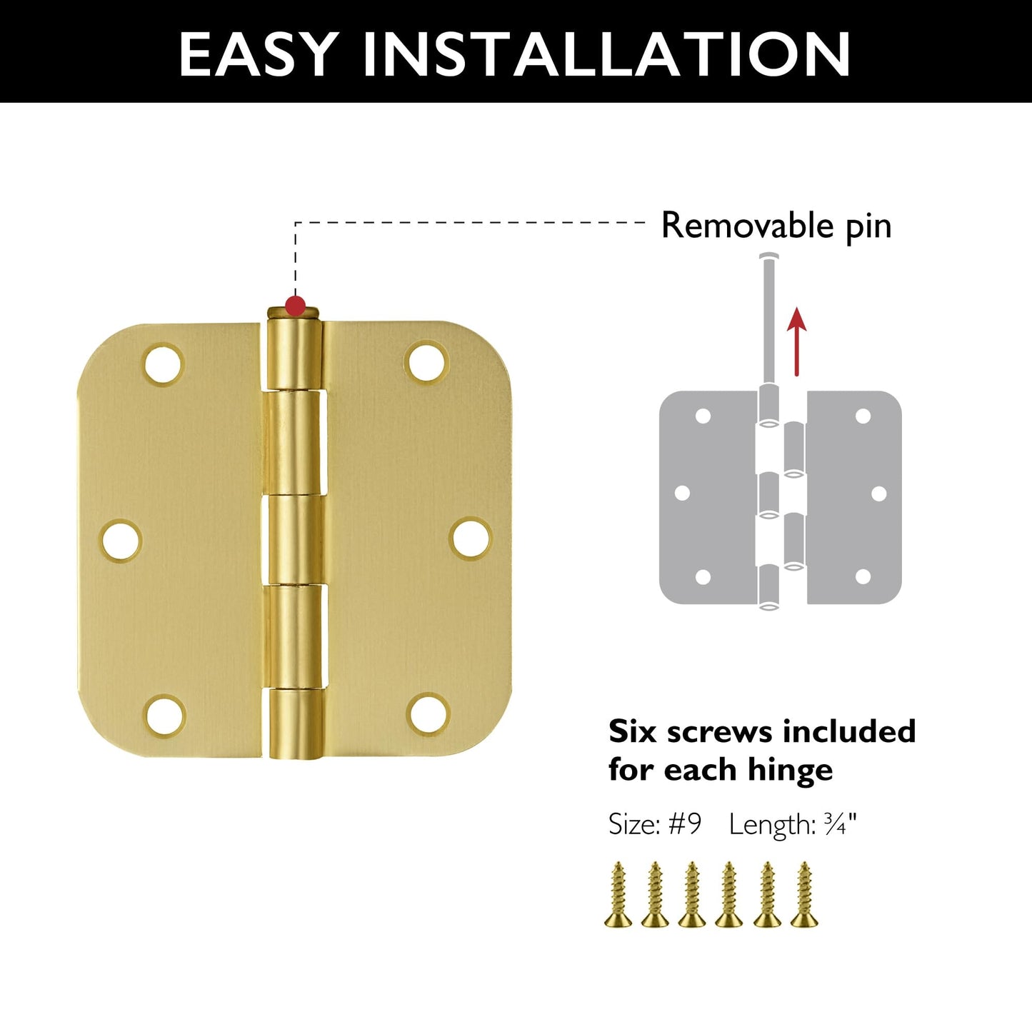 Design House Interior Door Hinges, 3.5 in. x 3.5 in., Rounded, 5/8-in. Radius, Steel, Pre-Lubricated, Door Hardware, Satin Brass, 3-Pack, 181396