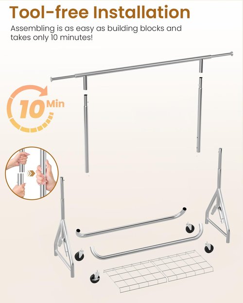 JIEJIERUI Heavy Duty Clothing Rack, Metal Clothes Rack Load 450 LBS, Rolling Coat Racks for Hanging Clothes with Lockable Wheels, Wardrobe Closet Garment Racks for Bedroom, Silver