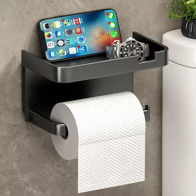 Toilet Paper Holder with Shelf, Fits Mega Rolls, Self Adhesive Wall Mount Toilet Paper Roll Holder, Ideal for Bathroom, Washroom, Kitchen, RV(Matte, Black