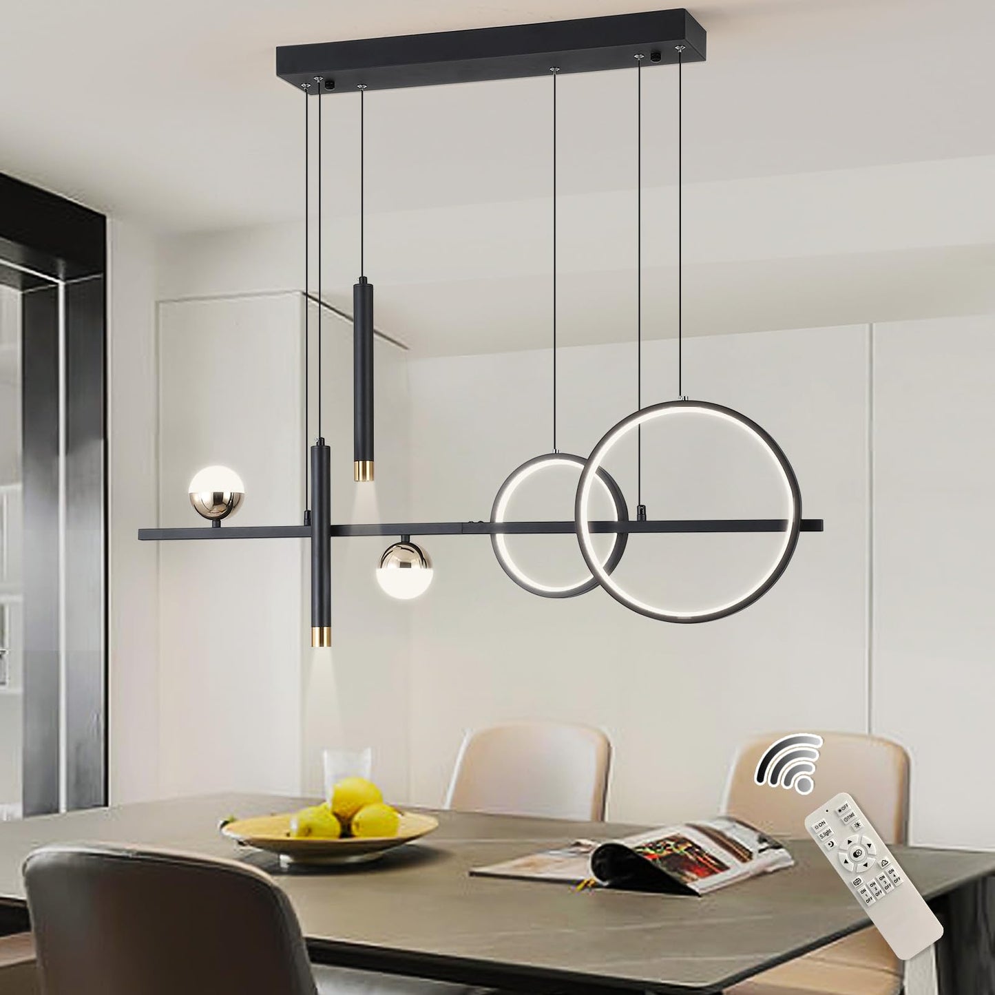 ORANOOR Modern LED Pendant Lights, Dimmable 39in Linear Wave LED Chandelier Lighting, Black & Gold Dining Room Hanging Light Fixtures Kitchen Island Globe Pendant Light for Dining Table (2704lm)