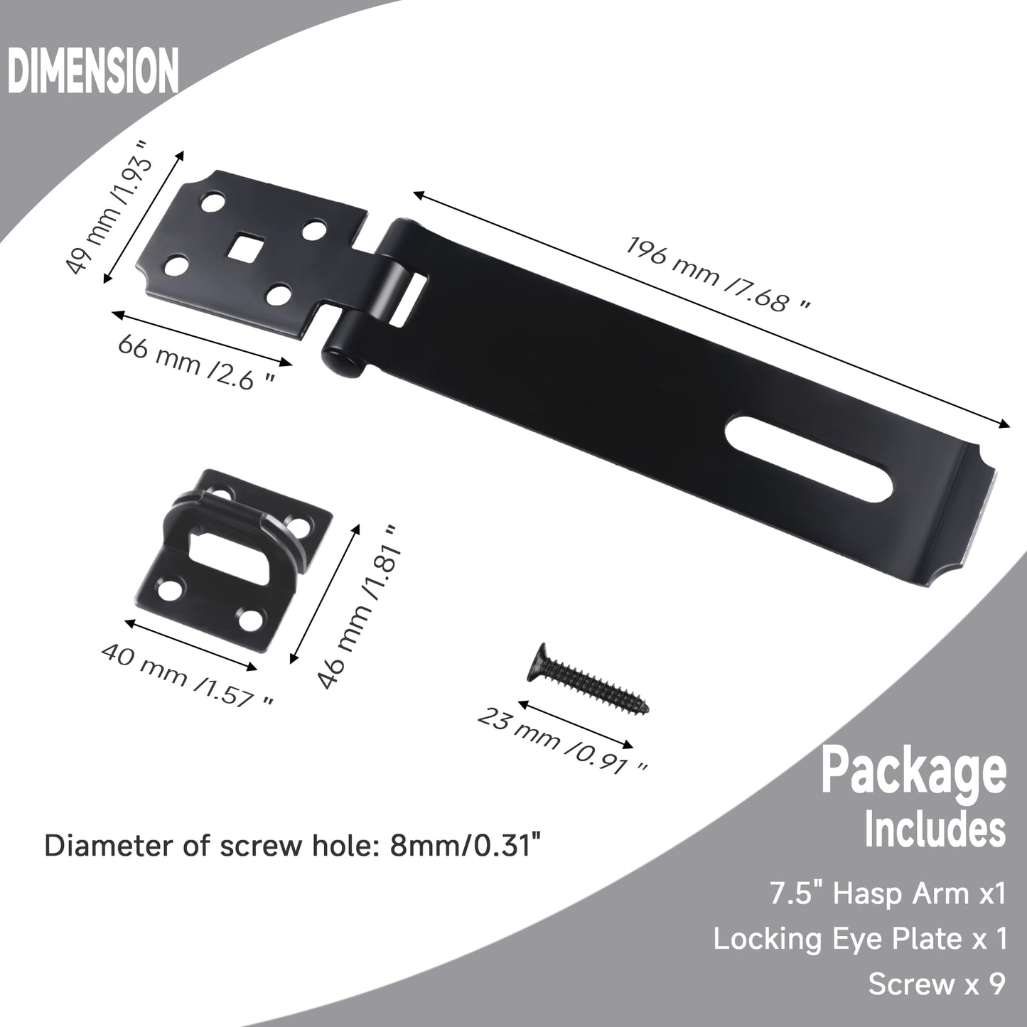 7-1/2 Inch Hasp Latch Heavy Duty, 1 Pack Stainless Steel Padlock Latch 0.11 Inch Thick, Black Finish Security Door Hasp Latch for Gates, Outdoor Doors, Cabinet, Drawer(8 Screws Included)