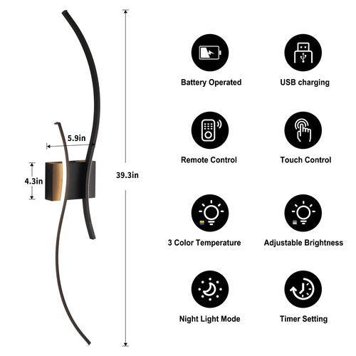 KARTOOSH Battery Operated Wall Sconces Set of Two with Remote Control, Stepless Colors 3000K-6000K & Dimming, LED Black Wireless Wall Light for Living Room, Hallway, Bedroom, 39.3 Inch (2 Pack)