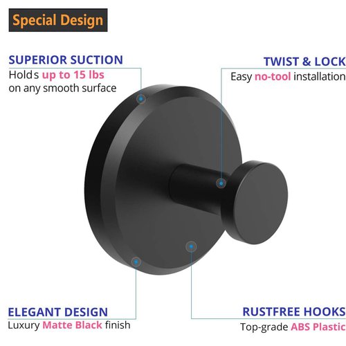 Homeshifters 2-Piece Suction Cup Hooks - SUS 304 Stainless Steel Suction Towel Hooks, No Drill Shower Hooks for Bathroom,Kitchen,Glass,Tile to Hang Towels,Robes,Loofah (Matte Black, 2 Piece)