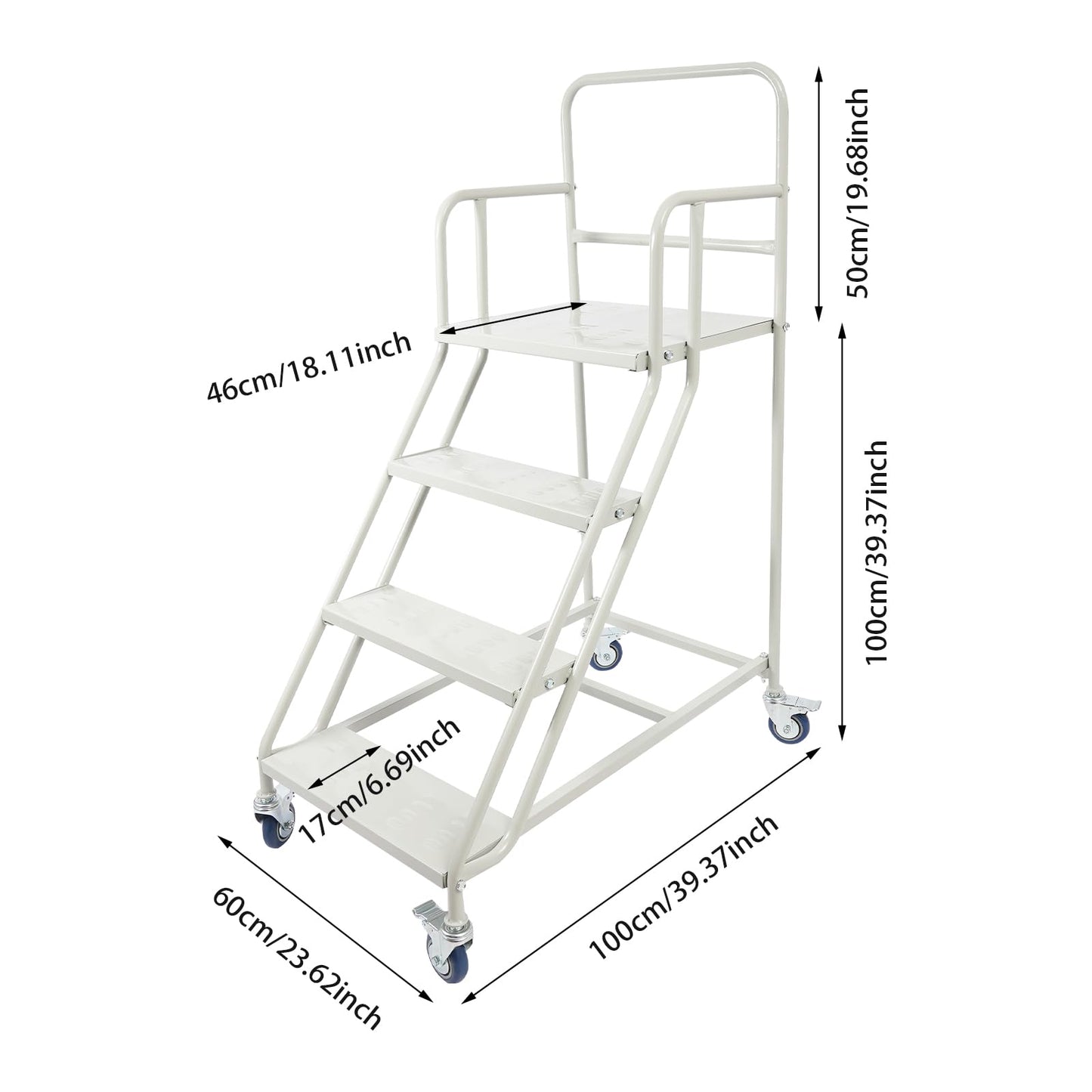 4 Steps Ladder with Wheels, Industrial & Warehouse Rolling Stairs 39.4IN top Step Height Ladder Systems with Stair Edge Protector, 880 lbs Capacity