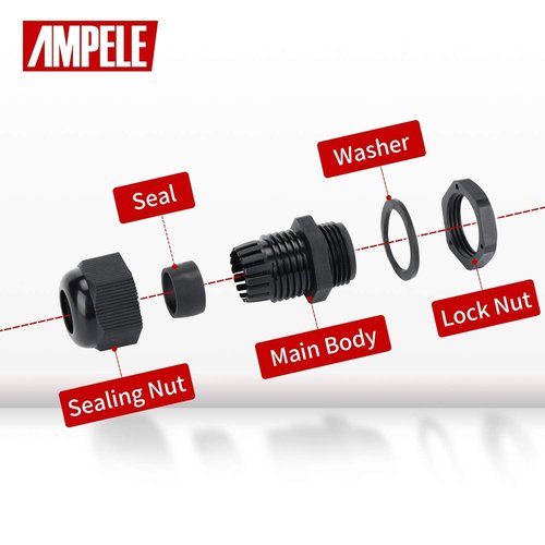 AMPELE Cable Gland 20 Pack PG13.5 Waterproof Adjustable 6-12mm Nylon Cable Glands Joints With Gaskets, Black(PG13.5)