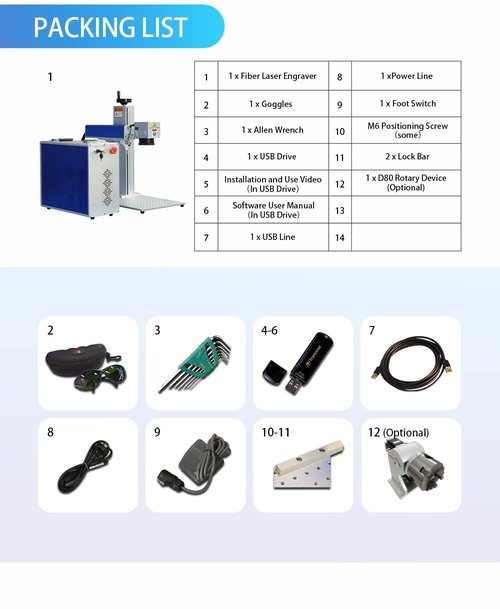 100W(100,000mW) CLASS 4 JPT M7 MOPA Fiber Laser Marking Machine Fiber Laser Engraver Laser Marker 300×300mm with 80mm Rotary Axis and Heightened 800mm Tower Lightburn Compatible