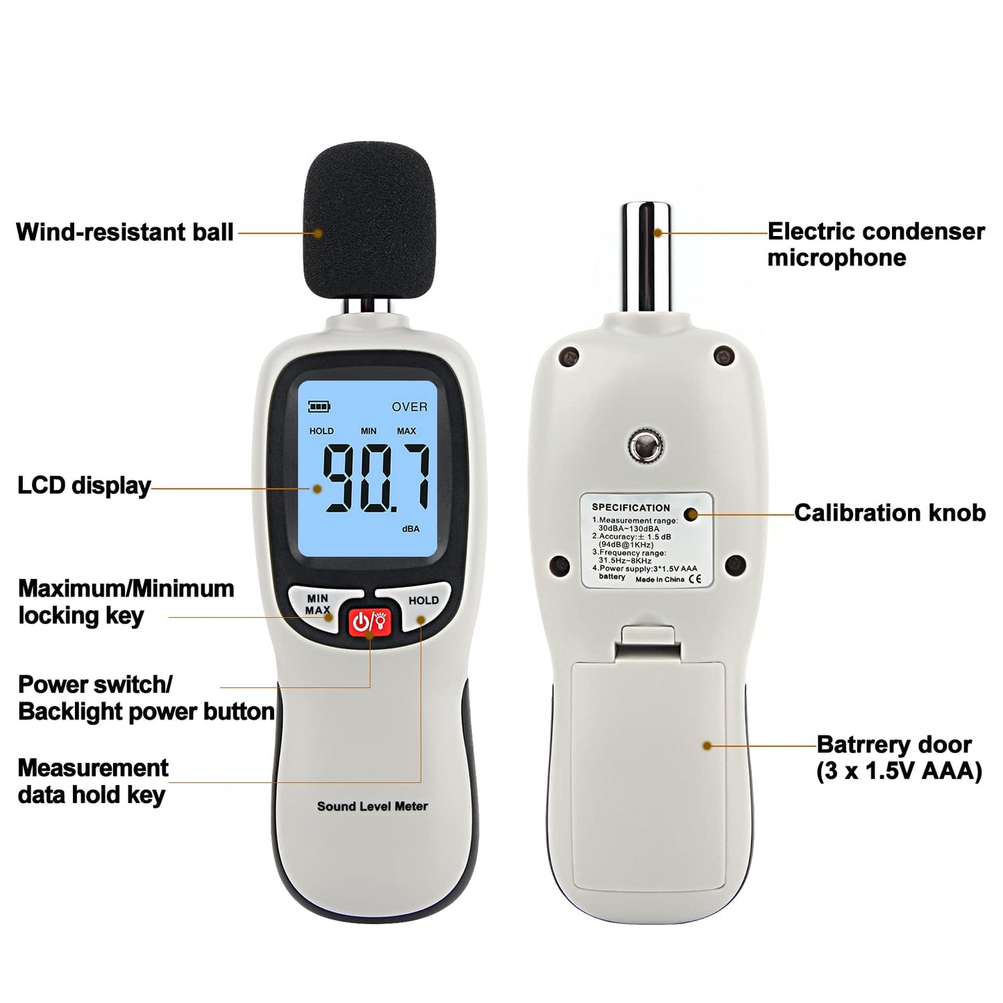 Decibel Meter, Portable SPL Meter (Sound Pressure Level Meter), Digital Noise Meter, Range 30-130dB(A) db Meter, Noise Volume Measuring Instrument, Sound Monitoring Tester (Battery Included) Yellow