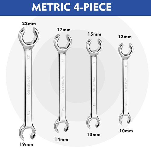 WORKPRO 4-Piece Flare Nut Wrench Set, Metric Brake Line Wrenches 10, 12, 13, 14, 15, 17, 19, 22mm, Cr-V Steel, 15° Offset Head Tubing Wrench, Organizer Pouch Included
