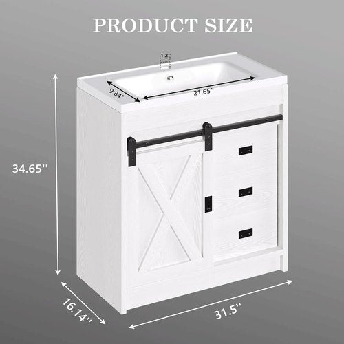 4ever2buy Farmhouse Bathroom Vanity with Sink, Bathroom Vanity Cabinet with 2 Drawers & Sliding Barn Door, White