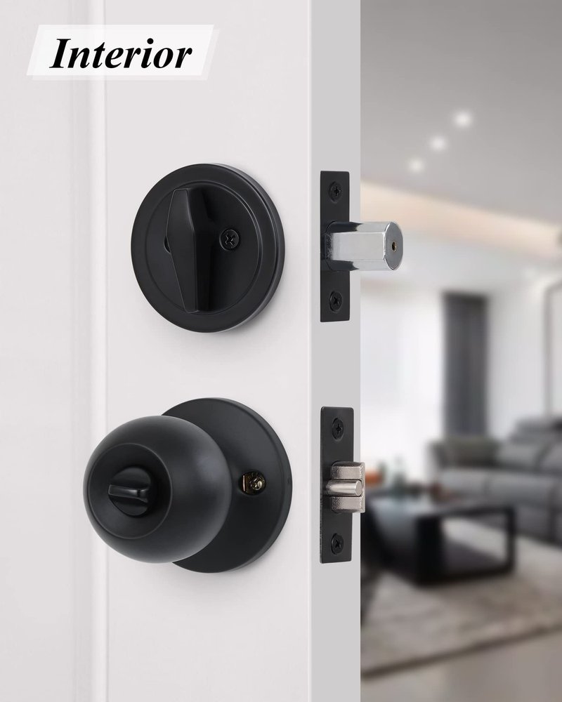 Lanwandeng (2 Sets) All Keyed Same Entry Knobs&Single Cylinder Deadbolt for Exterior Front Doors, Matte Black Finish Entry Door Lock with Same Keys