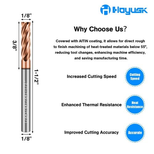 1/8" Carbide End Mills - 4 Flute Square End Mill with AlTiN Coating, HRC 55 Deg, 4T Tungsten Milling Bits for Stainless Steel, Hardened Steel, Cast Iron, Copper, Alloys & More