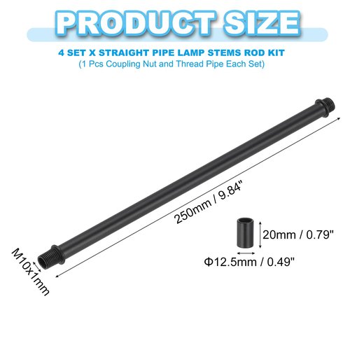 PATIKIL Straight Pipe Lamp Stems Rod Kit, 4Set M10 Carbon Steel 250mm(9.84") Long Double End Thread Rod with Coupling Nuts Sleeve Connector for Table Lamps Chandeliers, Black
