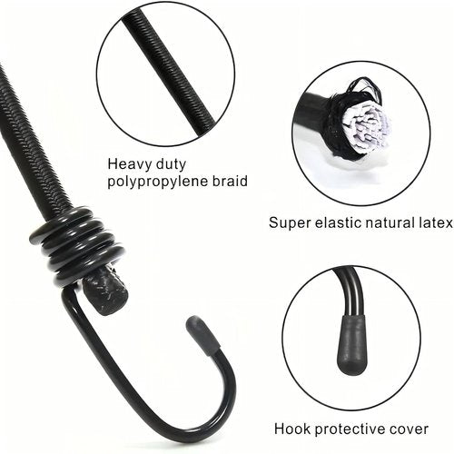 3-Pack 19-inch Black Bungee Cords with Heavy, Duty Vinyl, Coated Hooks & Fabric Wrapping