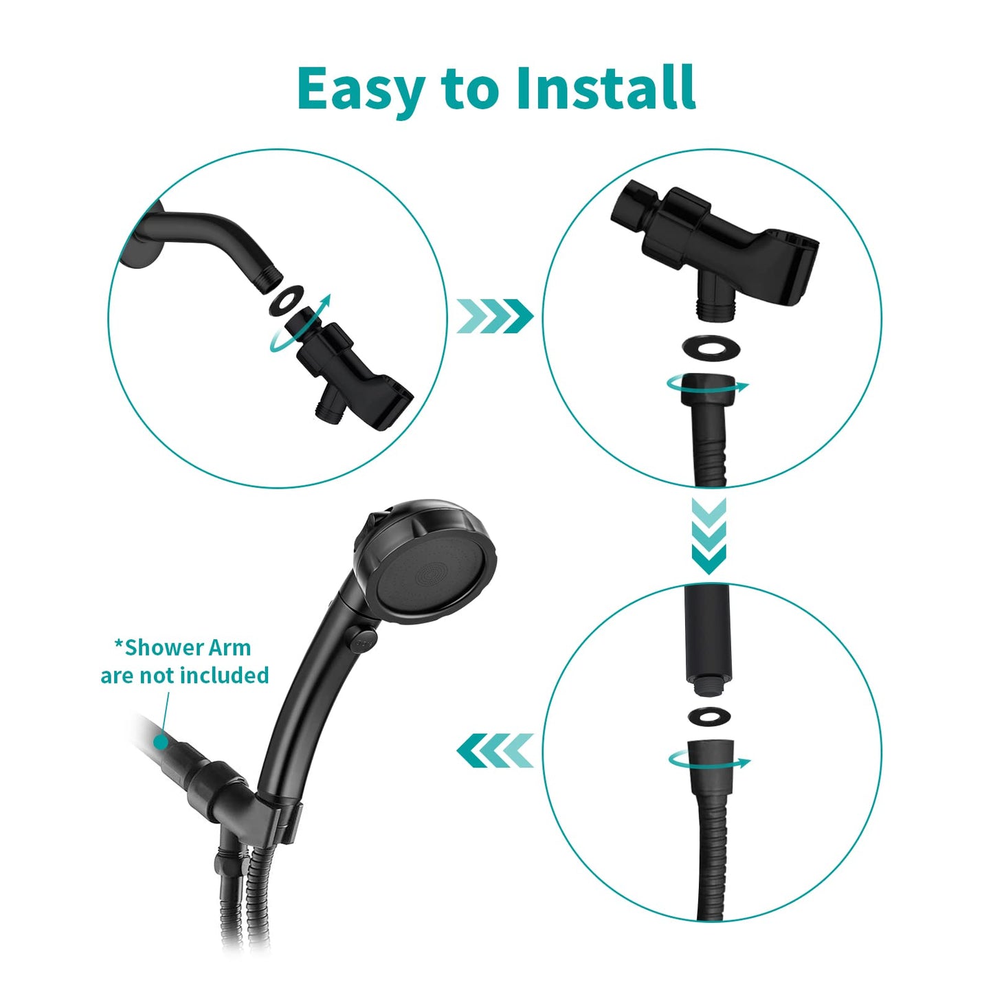 MIAOHUI Modern Handheld Shower Head with On/Off Switch, 3 Spray Settings, Removable Shower Head with Hose, Angle Adjustable Shower Bracket, Teflon Tape, Black