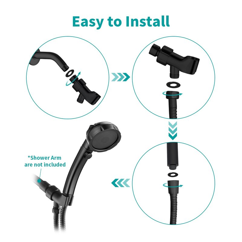 MIAOHUI Modern Handheld Shower Head with On/Off Switch, 3 Spray Settings, Removable Shower Head with Hose, Angle Adjustable Shower Bracket, Teflon Tape, Black