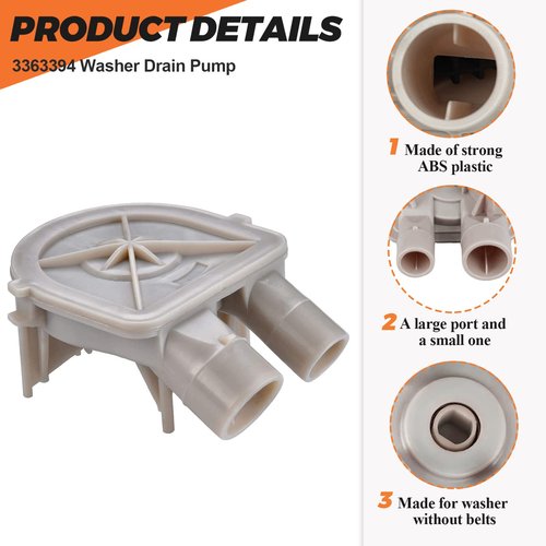 WP3363394 AP6008107 Parts Washer Pump - Exact fit Whirlpool Kenmore Washer Drain Pump LSW9750PQ3, 110.26812690, 110.28522701, LTE5243DQA, TAWS850PQ2, LSR7233EQ Water Pump etc.