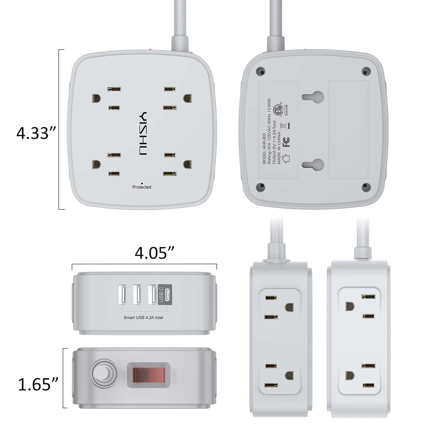 10 Ft Surge Protector Power Strip - 8 Widely Outlets with 4 USB Ports, 3 Side Outlet Extender with 10 Feet Extension Cord, Flat Plug, Wall Mount, Desk USB Charging Station, ETL, Grey